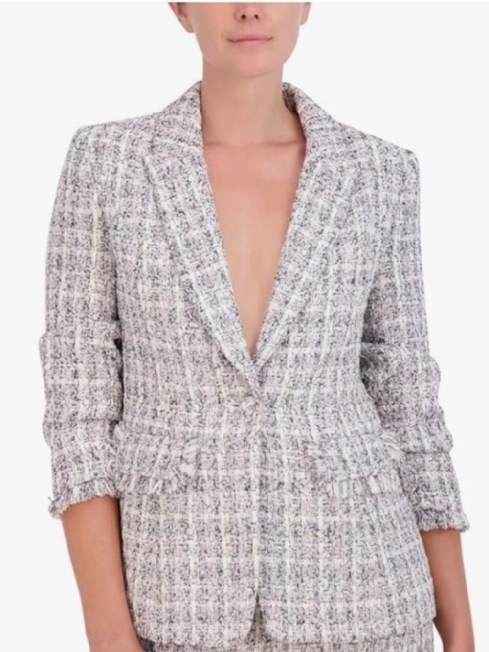 NWT BCBGMaxAzria Tweed One Button Blazer in White, Purple and Black. Size 8